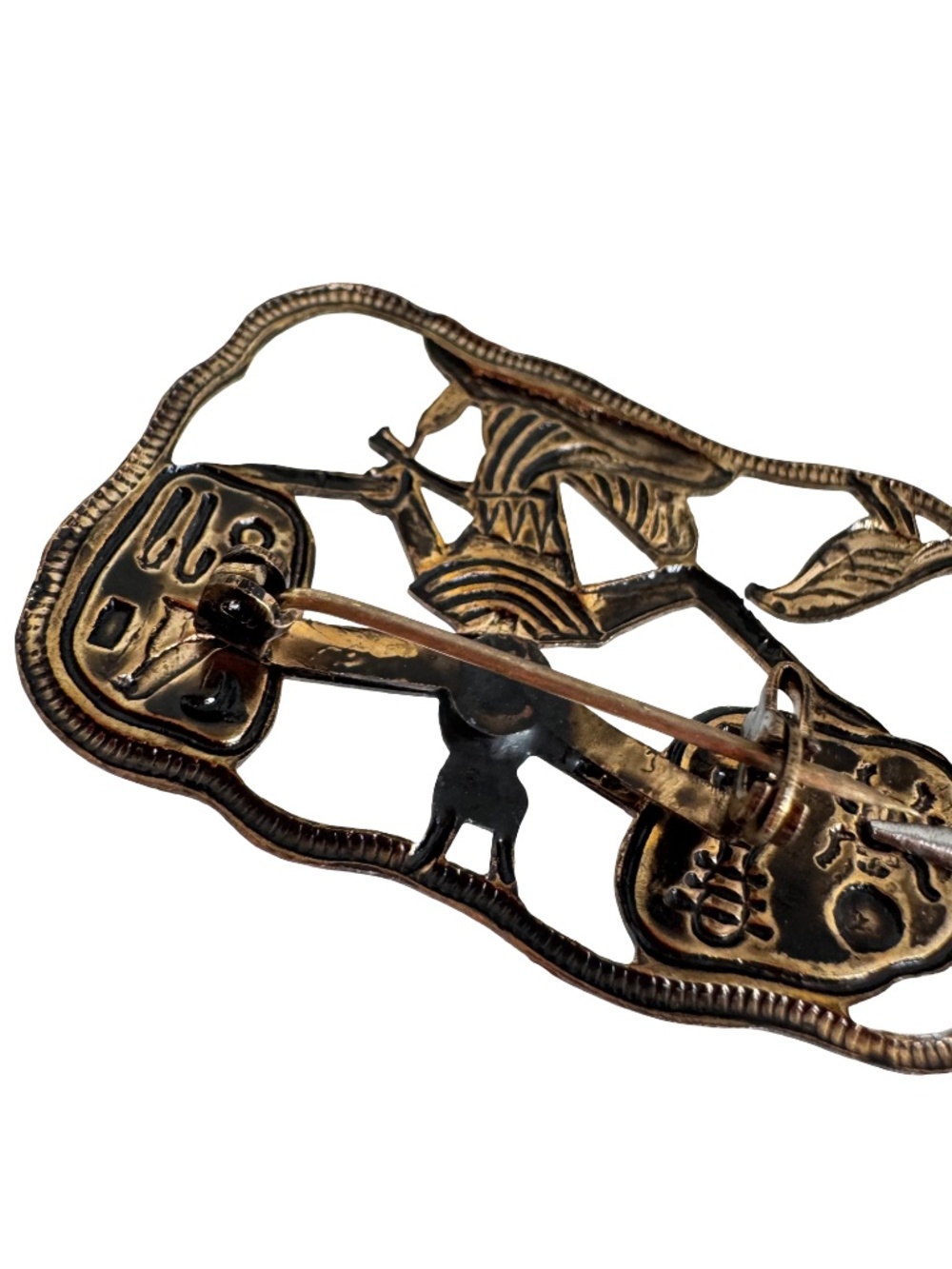 Vintage Egyptian Revival Gold Tone Brooch Hieroglyphic Deity Falcon Wall Relief - Picture 9 of 11
